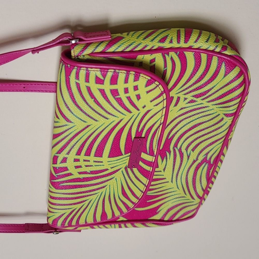 Vera Bradley Faux Leather Palm Fronds Flap Green/Pink Crossbody Bag 10"×7 1/2"